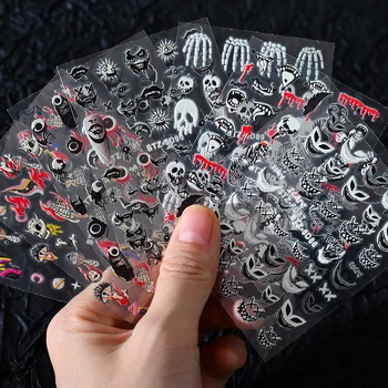 1 шт. Наклейка для ногтей с тиснением в виде сердца на Хэллоуин 5D, Праздничный мультяшный призрак, Череп Летучей мыши, Глаза ужаса, слайдеры для ногтей, наклейки для маникюра