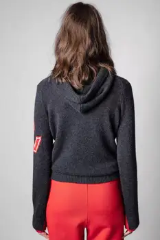 100% Кашемировый свитер 2023, Осенне-зимний вязаный топ с карманом и буквами, двухцветный женский пуловер с длинными рукавами