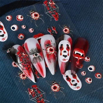 1шт 5D Темные Наклейки для дизайна ногтей с тиснением на Хэллоуин, Рельефный Глаз Дьявола, Череп-паутина, Тыква, наклейки для украшения ногтей, Аксессуары DIY