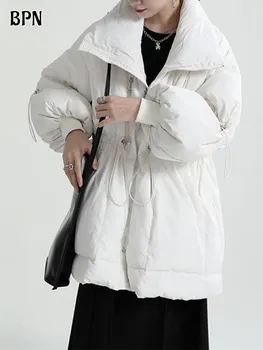 BPN Корейское свободное Зимнее пальто в стиле пэчворк с карманами для женщин, с лацканами, с длинным рукавом, на молнии, минималистичные куртки Soild, женская мода