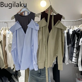 Bugilaku, модная блузка для улицы, женская подделка, 2 предмета, повседневные рубашки в стиле пэчворк контрастного цвета, Женские блузки с открытыми плечами