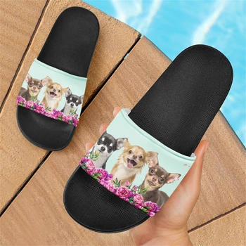 ELVISWORDS, милые чихуахуа с фиолетовым цветочным дизайном, летние брендовые тапочки, подарочная обувь для любителей собак, тапочки на плоской подошве, детские тапочки