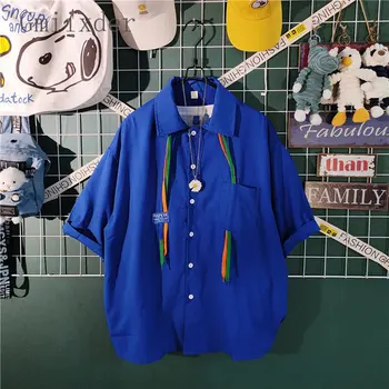 Gmiixder Летняя Новая рубашка Klein, синяя разноцветная лента, блузка из ледяного шелка с коротким рукавом, мужская дизайнерская красивая рубашка.