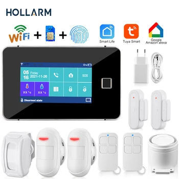 Hollarm Tuya WiFi Сигнализация GSM Умный дом Охранная сигнализация Беспроводной датчик Сенсорный экран Комплект сигнализации по отпечаткам пальцев Работает с Alexa