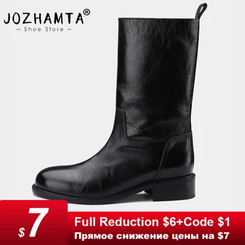 JOZHAMTA, размер 34-40, женские полусапожки из коровьей кожи на массивном каблуке, зимняя обувь для женщин, роскошные ботинки с широким голенищем, повседневные офисные