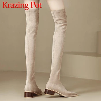 Krazing Pot/ Дизайн 2023 года; Зимняя обувь на среднем каблуке с квадратным носком на тонких ножках; Новые Эластичные ботинки в Английском стиле; Сапоги выше колена без застежки