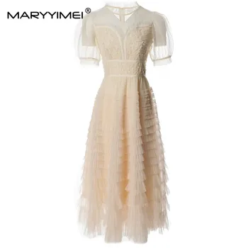 MARYYIMEI Новое летнее женское платье 2023 Модное сетчатое платье с пышными рукавами и пайетками, многослойными оборками для праздничных вечеринок