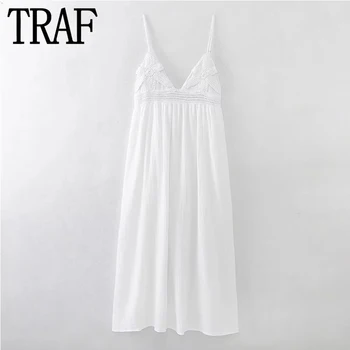 TRAF 2023, вязаное платье-комбинация, Женское белое длинное платье с открытой спиной, женские летние миди, сексуальные вечерние платья без рукавов, пляжные платья