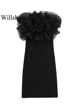 Willshela Женское модное вязаное мини-платье с цветочными аппликациями и открытой спиной, винтажные женские платья без бретелек, шикарные женские платья