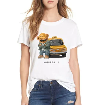 YRYT/ Новинка; Летняя женская повседневная футболка с круглым вырезом и короткими рукавами; топ большого размера с медведем-таксистом;