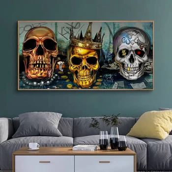 Абстрактные плакаты с тремя черепами и коронами и принты, картины на холсте, картины для домашнего декора в гостиной (без рамки)
