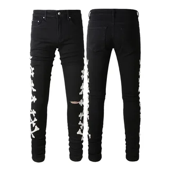 Брендовые джинсы Мужские из кожи с рисунком кости, стрейчевые черные узкие джинсы Модные уличные мужские эластичные джинсовые брюки Slim Fit