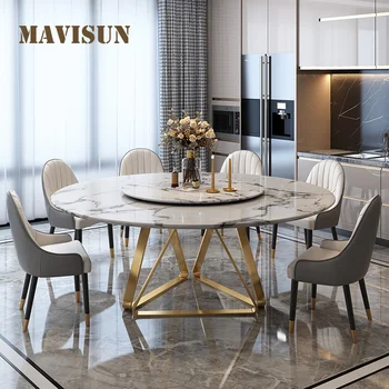Великолепный золотой обеденный стол с поворотным столом для отдыха, Круглый мраморный кухонный стол и стул для виллы, высококачественная итальянская мебель