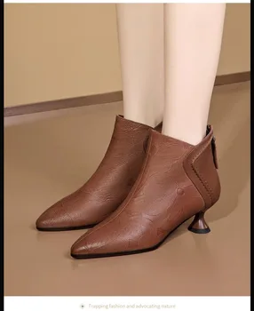Весенне-осенние тонкие ботинки, женская обувь, ботильоны с острым носком, высококачественные простые французские короткие ботинки в стиле ретро на среднем каблуке, модные