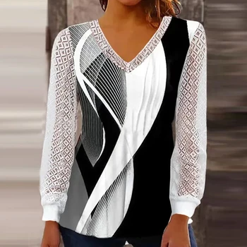 Весенние Сексуальные кружевные блузки с V-образным вырезом и вышивкой, женские рубашки в стиле пэчворк с геометрическим принтом, Осенние жаккардовые топы с длинным рукавом, пуловеры