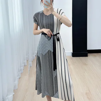 Детская юбка Miyake высокого класса, лето 2023, Новый модный принт в полоску, плиссированные Удобные Тонкие платья с круглым вырезом для женщин
