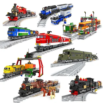 Детские строительные блоки для сборки поезда, модель железнодорожного вагона, городской поезд, Высокотехнологичный строительный блок, Железнодорожные пути, Кирпичи, игрушки для сборки своими руками
