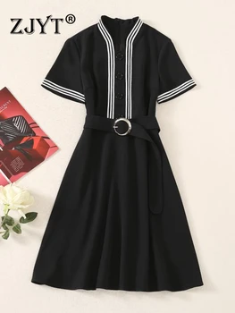 Дизайнерское летнее женское платье ZJYT в черную полоску в стиле пэчворк С коротким рукавом Повседневное Vestidos Para Mujer Элегантные вечерние халаты Aline