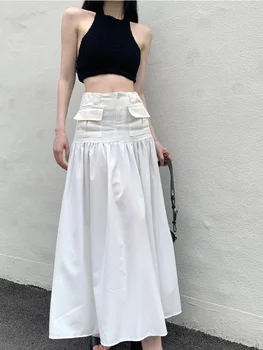 Длинная джинсовая юбка HOUZHOU, женская уличная одежда, Низкая талия, трапециевидная лоскутная юбка в Корейском стиле, сексуальная Белая юбка Макси, осенняя мода Y2k
