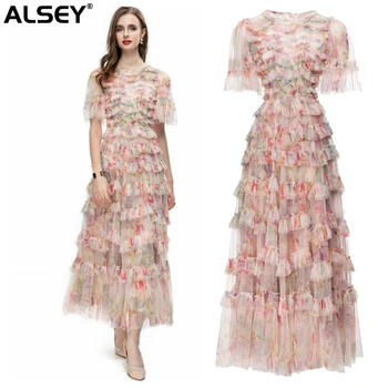 Длинное платье в стиле ретро ALSEY с оборками и принтом с короткими рукавами, женское платье 2023, новинка ранней осени, женская одежда