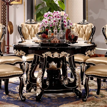 Европейский обеденный стол из цельного дерева, вращающийся круглый стол, неоклассический эбеновый мрамор, американский обеденный стол и стул в сочетании