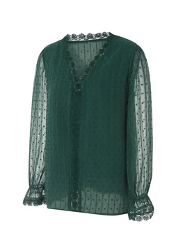 Женская элегантная блузка с V-образным вырезом и длинным рукавом с кружевной отделкой Viqwqii и воланами - Повседневная футболка в стиле Y2K