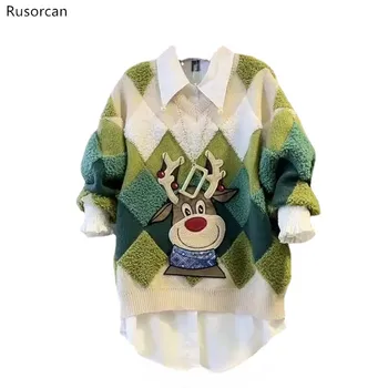 Женский костюм 2023, Осенний Новый Ретро-свободный вязаный свитер в виде ромба, нижняя рубашка Fat Sister, модный костюм-двойка