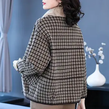 Женское осеннее пальто, плюшевое винтажное клетчатое пальто, женская теплая однобортная куртка с лацканами, двусторонняя вязка, осень-зима, открытая модель