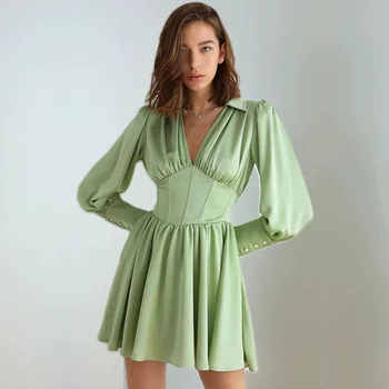 Женское платье 2023, Летнее Новое Кремово-зеленое платье с V-образным вырезом и пышными рукавами без спинки