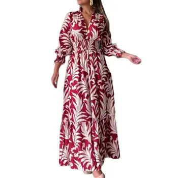 Женское элегантное платье Макси с V-образным вырезом и длинным рукавом, Плиссированное Эластичное Длинное платье с рюшами и высокой талией, с принтом в виде листьев, vestidos