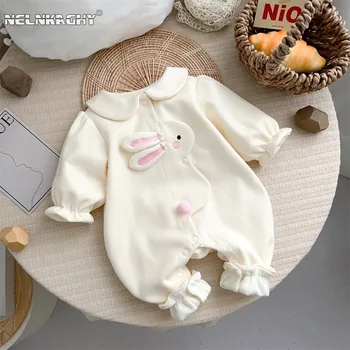 Зимний комбинезон для новорожденных девочек, милый кролик, флис, утепленный для уютного комфорта, комбинезоны для младенцев, верхняя одежда, одежда 0-24 м