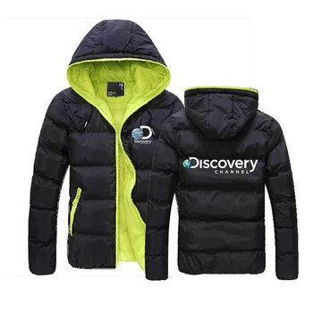 Зимняя новинка, мужская теплая куртка-пуховик с принтом Discovery Channel, с капюшоном, Тонкая повседневная парка с хлопковой подкладкой, толстое мужское пальто