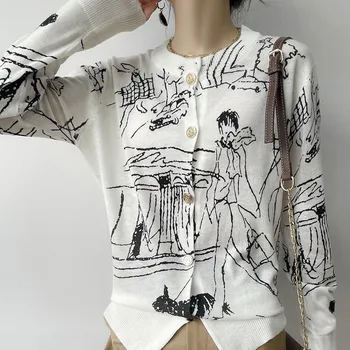 Кардиган тонкой шерстяной вязки с граффити в стиле вестерн, женский осенний свитер с высоким воротом, пальто свободного кроя