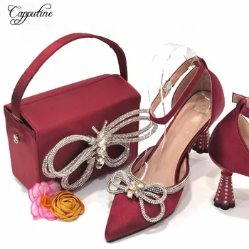 Комплект роскошных винных туфель и сумок для женщин, женские туфли-лодочки на высоком каблуке, сочетающиеся с сумочкой-портмоне, сандалиями-клатчем, женскими сандалиями CR389