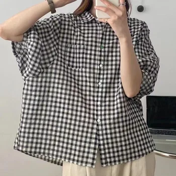 Корейская одежда, белая черная блузка в клетку, женская одежда большого размера, новая коллекция 2023, рубашки и блузки в клетку с отложным воротником