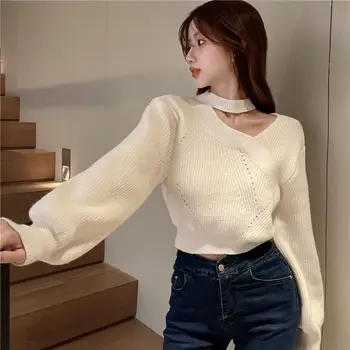 Корейский короткий пуловер с неправильной горловиной, женский сладкий и пряный свитер с высокой талией, пуловер с осторожностью, женские топы