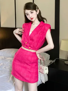 Корейский Модный Летний комплект из двух предметов для Женщин, Розово-красный Блейзер, Укороченный топ + Мини-юбка, Твидовый комплект из 2 предметов, Женская одежда
