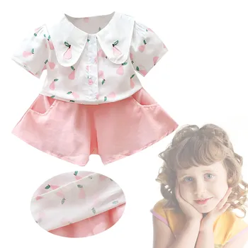 Костюм для маленьких девочек, однотонная рубашка с воротником в фруктовом стиле, Короткие слиперы принцессы, Одежда для маленьких девочек от 3 до 6 месяцев