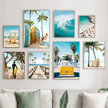 Красивый пляжный пейзаж с доской для серфинга, летний плакат с видом на море, художественная картина на холсте, Настенная картина в скандинавском стиле для домашнего декора