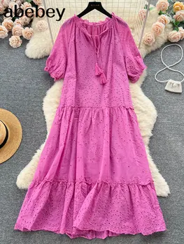Летнее женское кружевное платье с вышивкой, Винтажный круглый вырез, Короткий рукав, Трапециевидный праздничный халат, Женский фиолетовый/розовый/желтый, Новинка