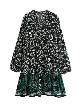 Летнее женское платье ZADATA с V-образным вырезом, кружевным шитьем, тотемом и цветочным принтом, ретро повседневное мини-платье-рубашка с рюшами