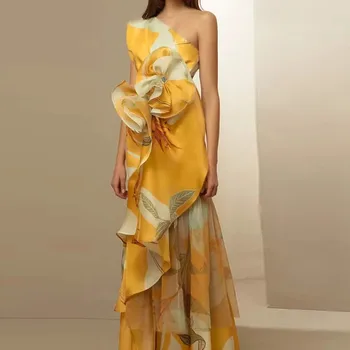 Летнее Новое вечернее платье без рукавов нерегулярной формы в стиле ретро с принтом, Темпераментное платье на талии, Модное женское сверхдлинное платье 2023 года.