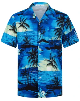 Летние модные мужские гавайские рубашки с коротким рукавом и пуговицами с принтом кокосовой пальмы Повседневная пляжная рубашка Aloha Плюс размер 6XL Hombre Ropa