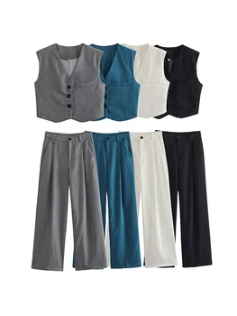 Летние повседневные укороченные однобортные жилетки и длинные брюки, подходящие комплекты, Женские 4 цвета, комплект из 2 предметов