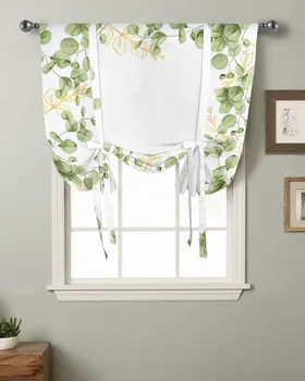 Летняя акварельная занавеска из листьев эвкалипта для кухни с коротким окном Современный декор для дома Маленькие римские шторы на завязках