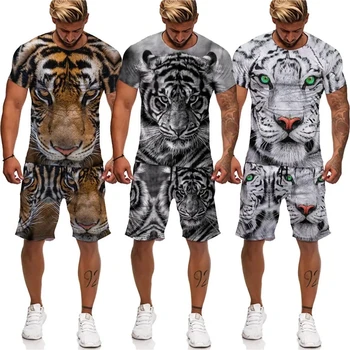 Летняя мужская футболка с 3D-принтом тигра + комплект шорт, костюм для пары животных для медленного паркура, спортивная одежда из двух частей