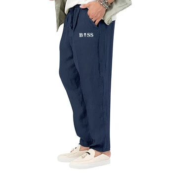 Лето 2023, Новые мужские брюки из хлопка и конопли, модные однотонные брюки с эластичной резинкой на талии, свободные прямые брюки-труба, Капри, повседневные брюки