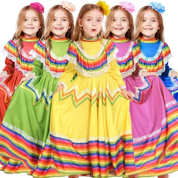 Мексиканское платье для народных танцев, одежда для фестиваля девочек на Хэллоуин, студенческое сценическое представление, необычное длинное платье для детей, детский танцевальный комплект
