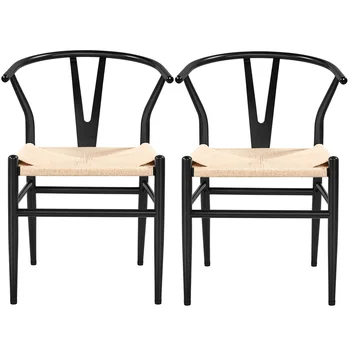 Металлические обеденные стулья Alden Design середины века с плетеным сиденьем из пеньки, комплект из 2 штук, черный