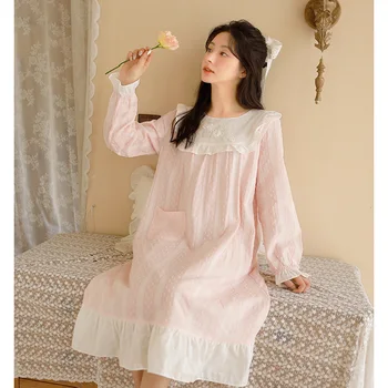 Милые ночные рубашки из 100% хлопка с вышивкой, женские пижамы с длинным рукавом, большие размеры, весенне-осеннее элегантное платье